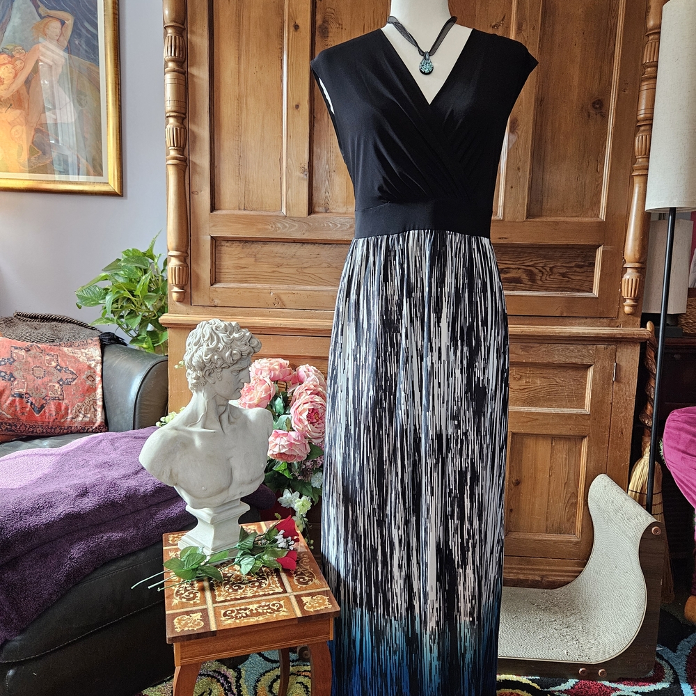 AB Studio Blue and Black Pleated Maxi Dress